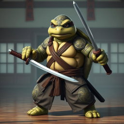 An adult tortle battle monk in a serious battle stance, showcasing his prowess as he grips dual katanas with skill