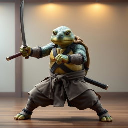 An adult tortle battle monk in a serious battle stance, showcasing his prowess as he grips dual katanas with skill
