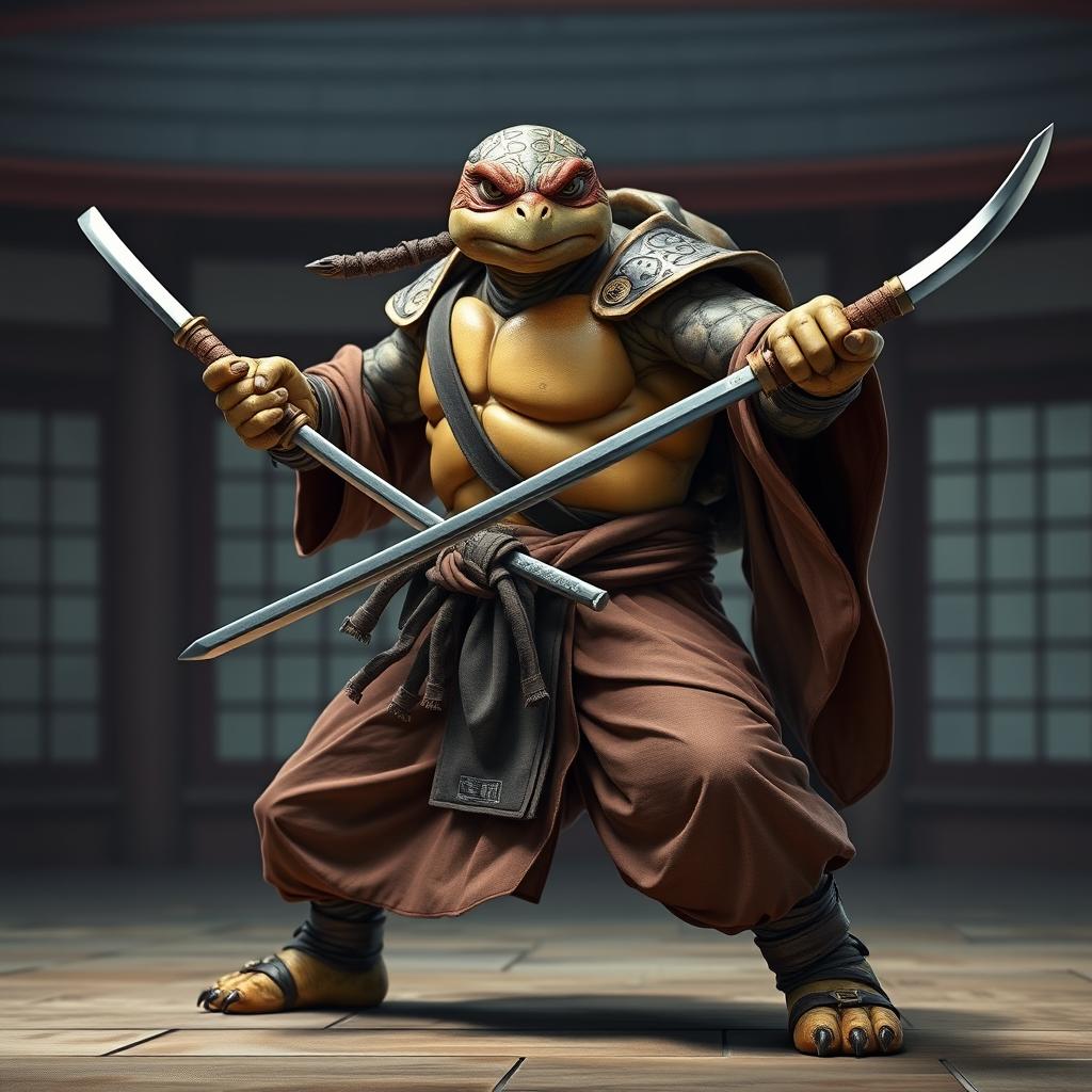 An imposing adult tortle battle monk captured in a fierce battle stance, showcasing his intense focus and skill as he wields dual katanas expertly