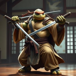 An imposing adult tortle battle monk captured in a fierce battle stance, showcasing his intense focus and skill as he wields dual katanas expertly