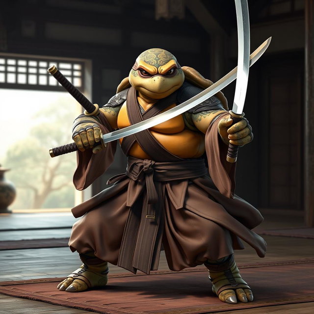 An imposing adult tortle battle monk captured in a fierce battle stance, showcasing his intense focus and skill as he wields dual katanas expertly