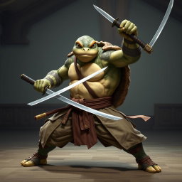 An imposing adult tortle battle monk captured in a fierce battle stance, showcasing his intense focus and skill as he wields dual katanas expertly