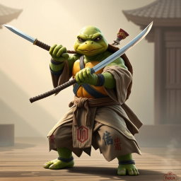 An adult tortle battle monk captured in a serious battle stance, expertly wielding dual katanas
