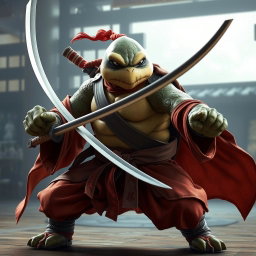 An adult tortle battle monk captured in a serious battle stance, expertly wielding dual katanas