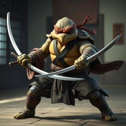 An adult tortle battle monk captured in a serious battle stance, expertly wielding dual katanas