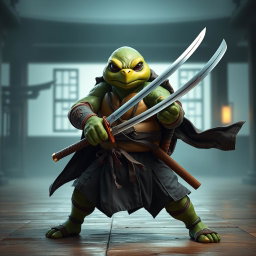 An adult tortle battle monk captured in a serious battle stance, expertly wielding dual katanas
