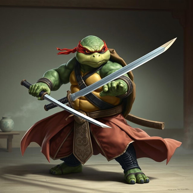 A mature tortle battle monk depicted in a serious and focused battle stance, expertly wielding dual katanas