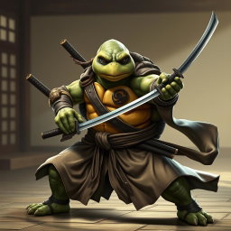 A mature tortle battle monk depicted in a serious and focused battle stance, expertly wielding dual katanas