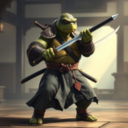 A mature tortle battle monk depicted in a serious and focused battle stance, expertly wielding dual katanas