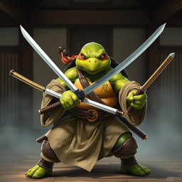 A mature tortle battle monk depicted in a serious and focused battle stance, expertly wielding dual katanas