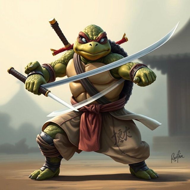 A mature tortle battle monk depicted in an intense and serious battle stance, skillfully wielding dual katanas