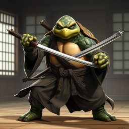 A mature tortle battle monk depicted in an intense and serious battle stance, skillfully wielding dual katanas
