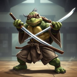 A mature tortle battle monk depicted in an intense and serious battle stance, skillfully wielding dual katanas