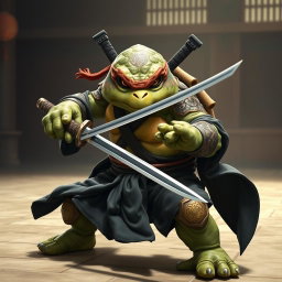 A mature tortle battle monk depicted in an intense and serious battle stance, skillfully wielding dual katanas
