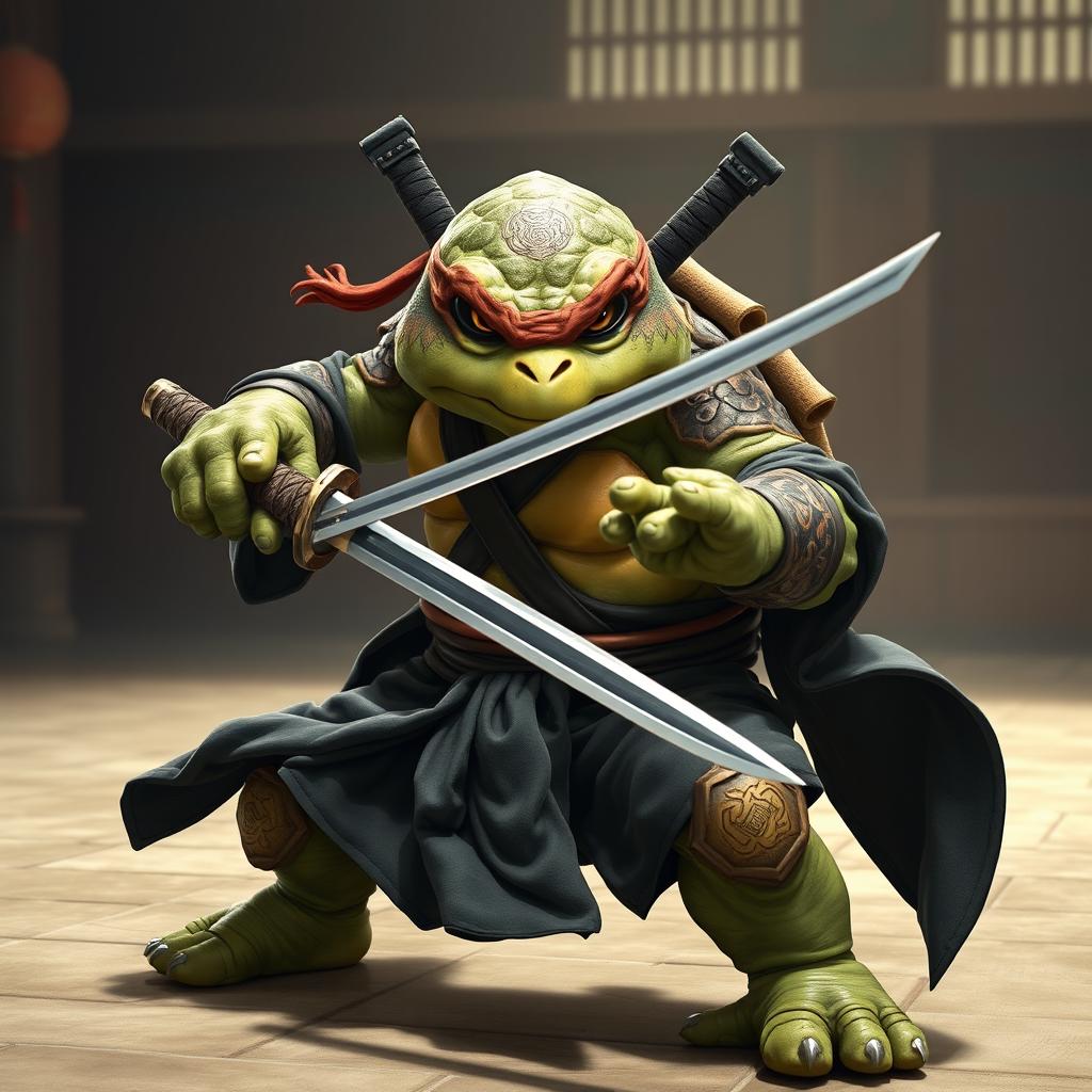 A mature tortle battle monk depicted in an intense and serious battle stance, skillfully wielding dual katanas