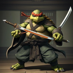 A fierce adult tortle battle monk, depicted in a serious and focused battle stance, dual wielding intricately designed katanas