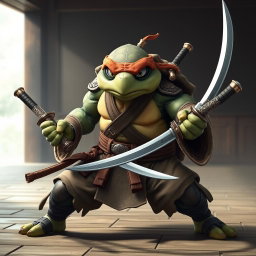 A fierce adult tortle battle monk, depicted in a serious and focused battle stance, dual wielding intricately designed katanas