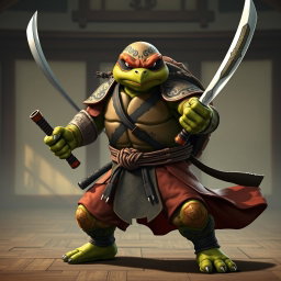 A fierce adult tortle battle monk, depicted in a serious and focused battle stance, dual wielding intricately designed katanas
