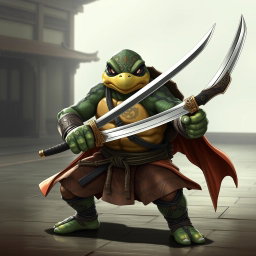 A fierce adult tortle battle monk, depicted in a serious and focused battle stance, dual wielding intricately designed katanas