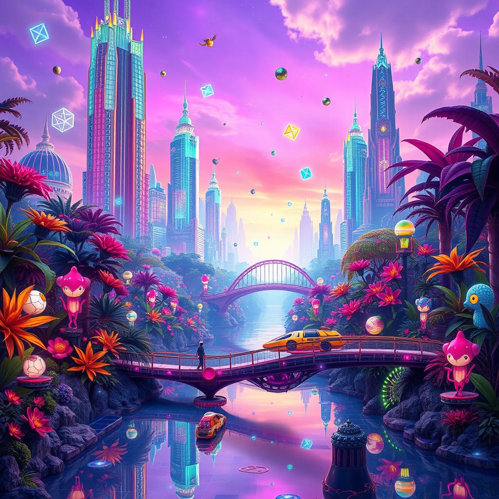 A stunning fantasy world set in a futuristic landscape, inspired by the colorful aesthetics of a matrix