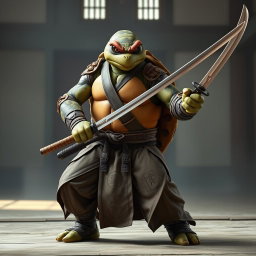 An adult tortle battle monk captured in a serious battle stance, confidently wielding dual katanas