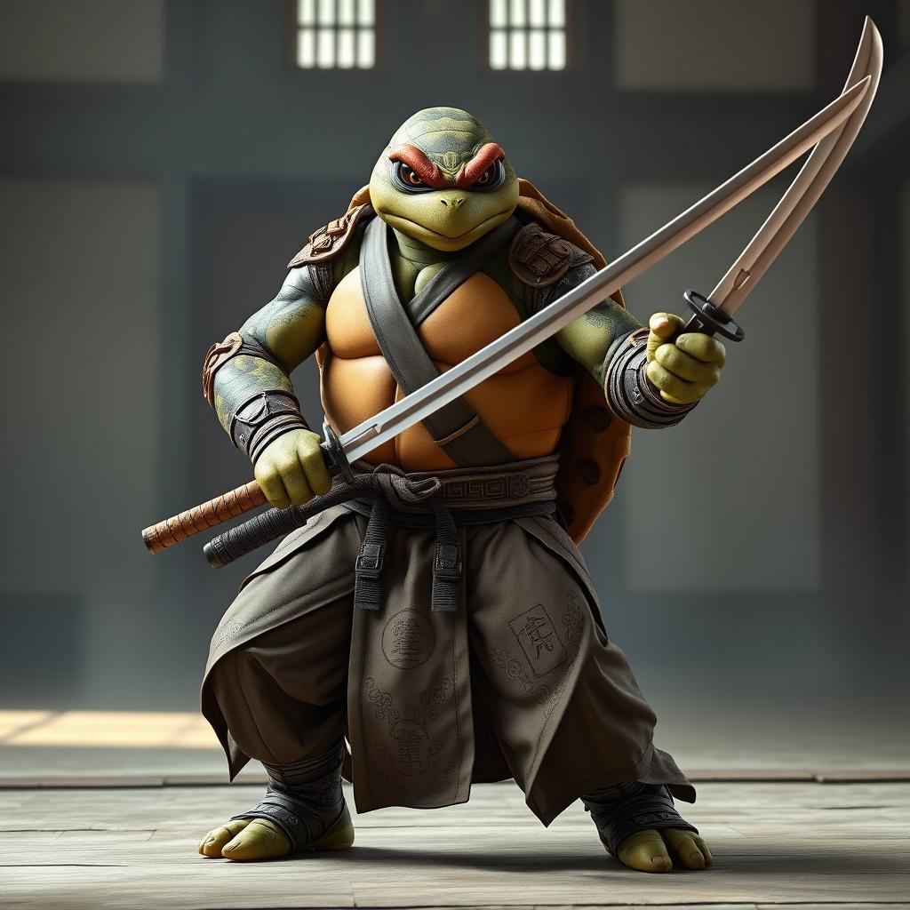 An adult tortle battle monk captured in a serious battle stance, confidently wielding dual katanas