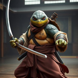 An adult tortle battle monk captured in a serious battle stance, confidently wielding dual katanas