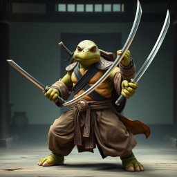An adult tortle battle monk captured in a serious battle stance, confidently wielding dual katanas