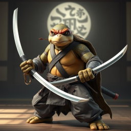 An adult tortle battle monk captured in a serious battle stance, confidently wielding dual katanas