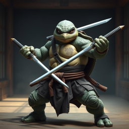 An imposing adult tortle battle monk captured in a serious stance, skillfully wielding dual katanas