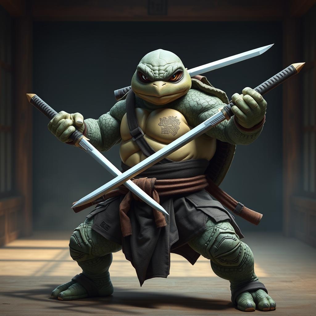 An imposing adult tortle battle monk captured in a serious stance, skillfully wielding dual katanas