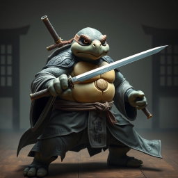 An imposing adult tortle battle monk captured in a serious stance, skillfully wielding dual katanas