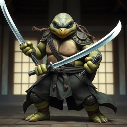 An imposing adult tortle battle monk captured in a serious stance, skillfully wielding dual katanas