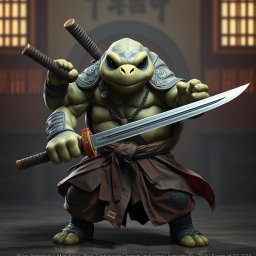 An imposing adult tortle battle monk captured in a serious stance, skillfully wielding dual katanas