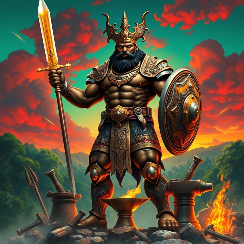 A powerful and majestic depiction of Ogum, the African deity of iron, war, and labor