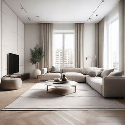 A high-end, minimalist interior of a luxurious apartment with sleek furniture, neutral colors, and geometric patterns.