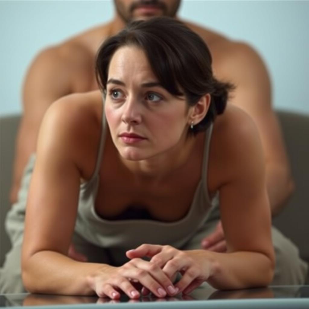 A woman leaning forward, her torso bent and her head tilted slightly upward, looking intently ahead