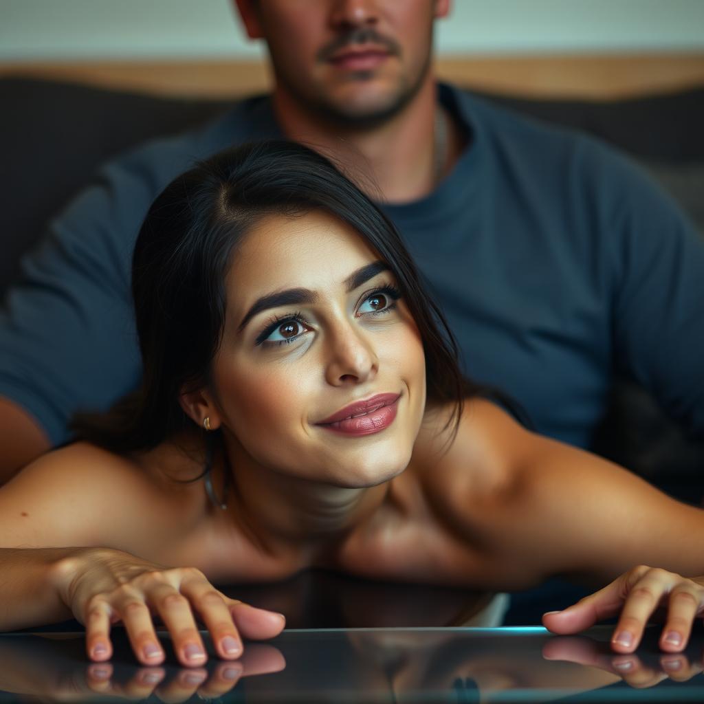 A beautiful 25-year-old woman with a look of pleasure, leaning forward with her torso bent and head tilted slightly upward, gazing ahead