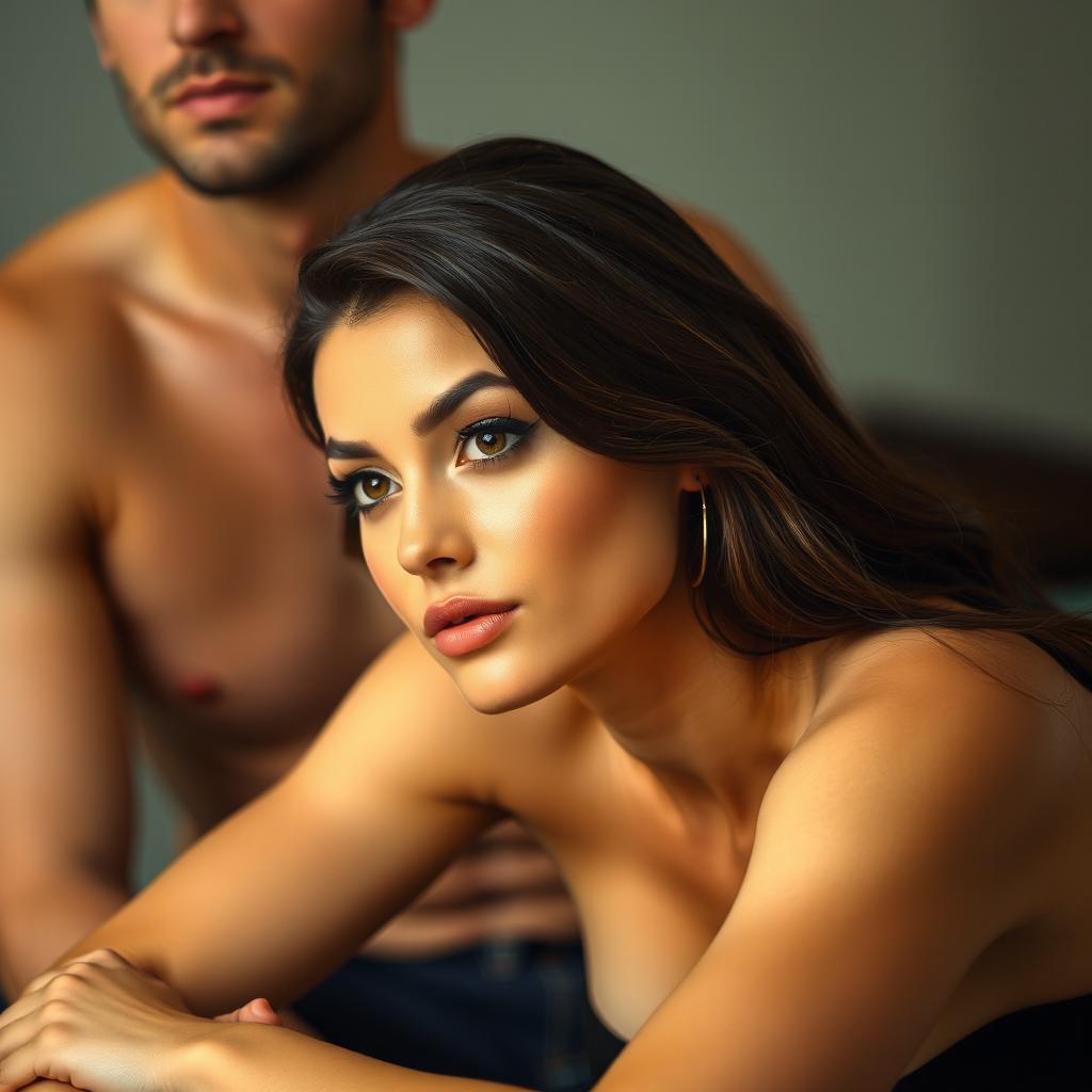 A beautiful 25-year-old woman with a sultry expression, leaning forward with her torso bent and head tilted slightly upward, gazing ahead