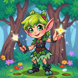 A vibrant 2D pixel art elf character designed for a fantasy game