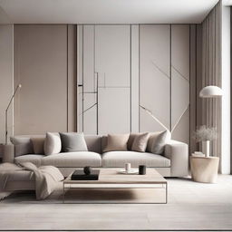 A high-end, minimalist interior of a luxurious apartment with sleek furniture, neutral colors, and geometric patterns.