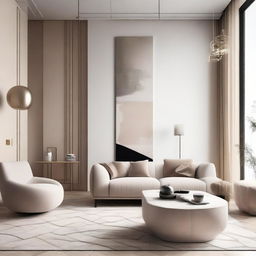 A high-end, minimalist interior of a luxurious apartment with sleek furniture, neutral colors, and geometric patterns.