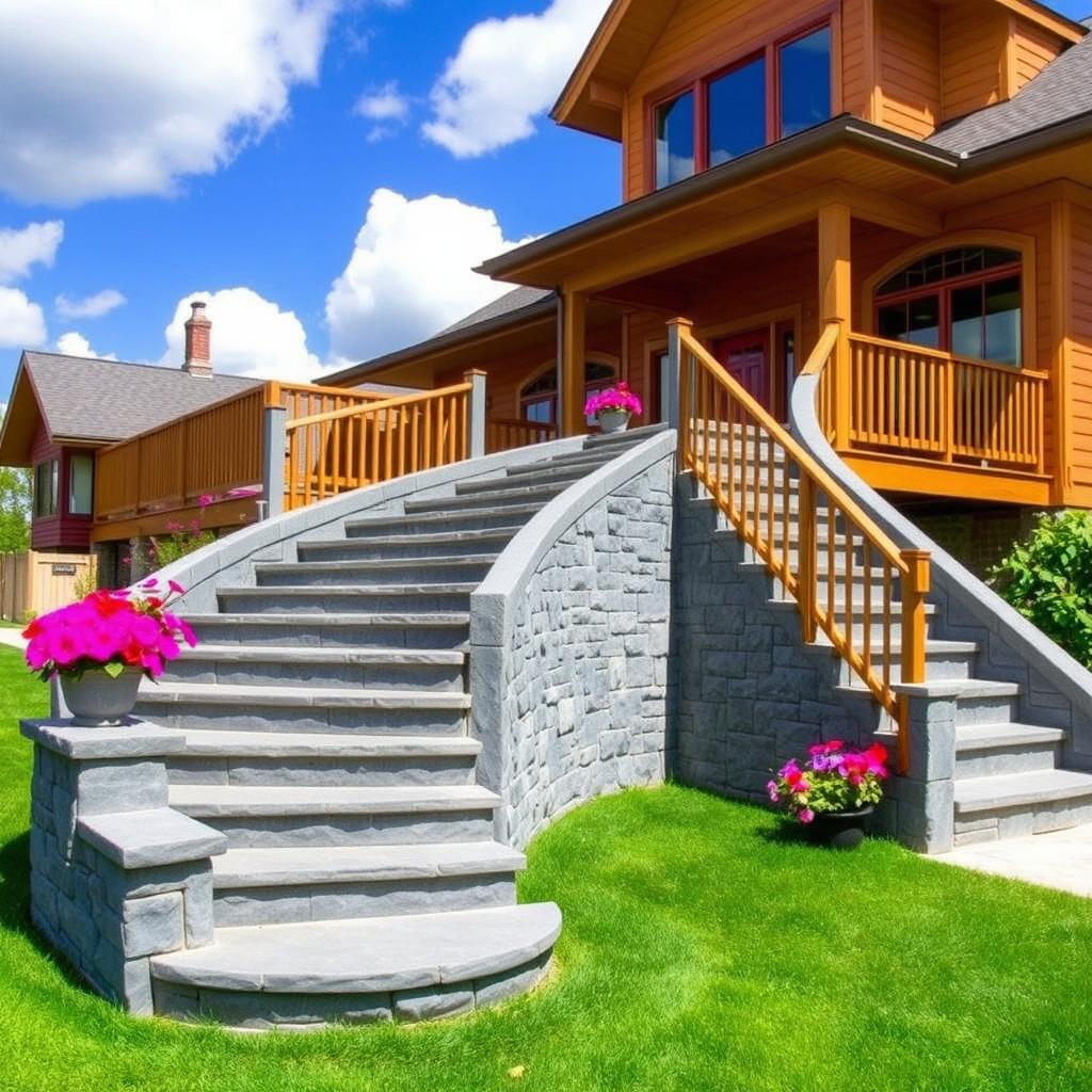 A beautiful exterior view of a house showcasing a stunning outdoor staircase