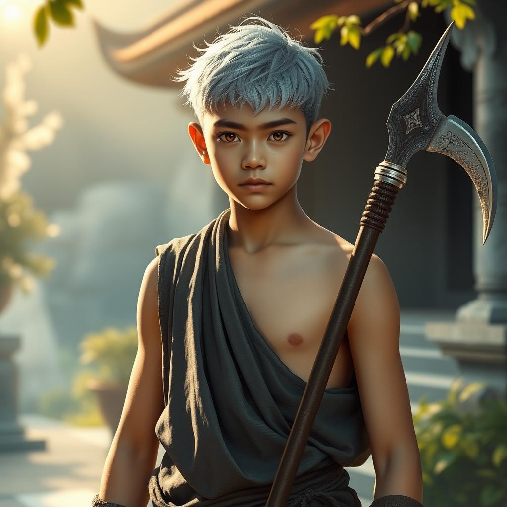 A young monk with short silver hair and amber eyes, standing confidently without a shirt, holding a halberd in one hand