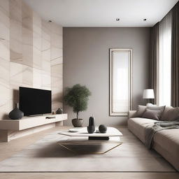 A high-end, minimalist interior of a luxurious apartment with sleek furniture, neutral colors, and geometric patterns.