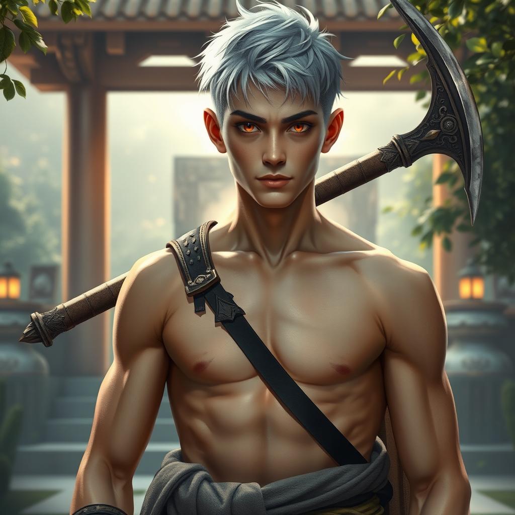 A 25-year-old monk with short silver hair and piercing amber eyes, standing confidently without a shirt, gripping a halberd in one hand
