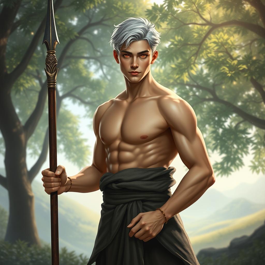 A 25-year-old monk with short silver hair and amber eyes, wielding a glaive in one hand, depicted in a serene and majestic setting