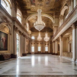 A grand, spacious hall with high ceilings, intricate architectural details, polished marble floors, and a majestic chandelier illuminating opulent tapestries on the walls.