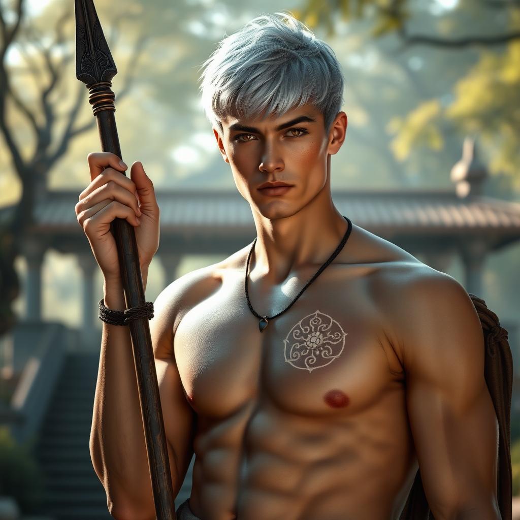 A 25-year-old monk with short silver hair and amber eyes, holding a glaive in his hand and posing confidently