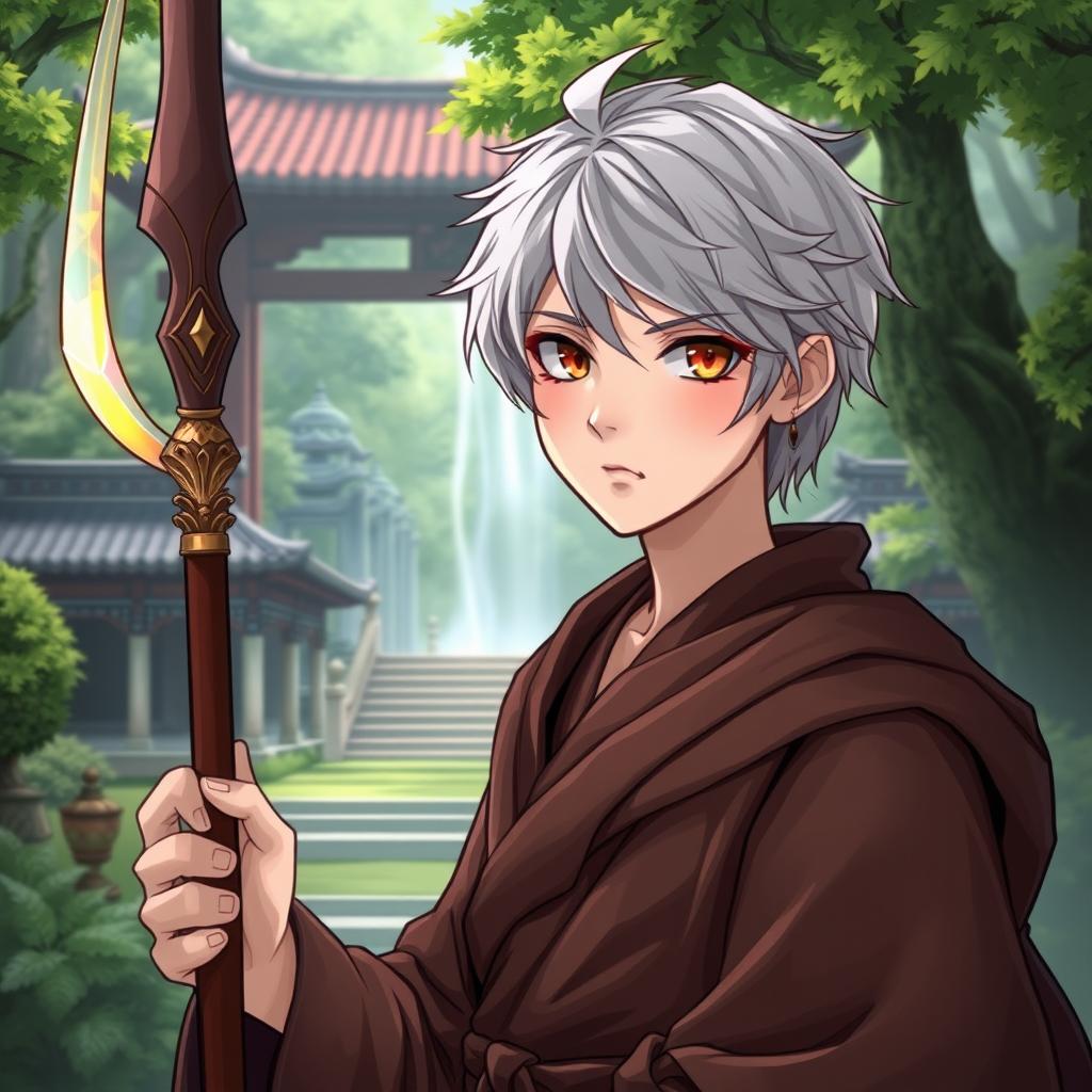 A 25-year-old monk character with short, silver hair and amber eyes, portrayed as calm and focused